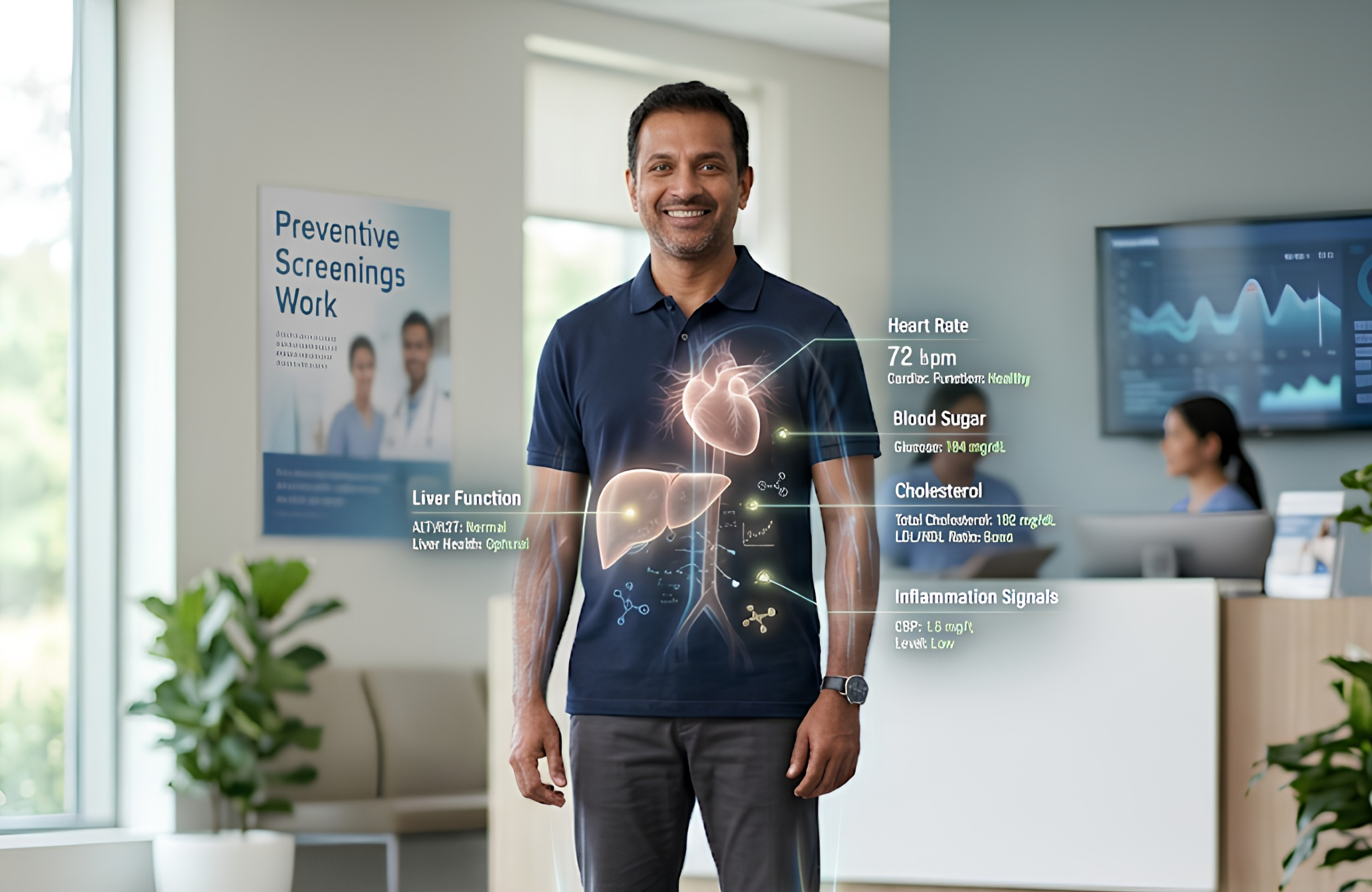 Medical professional analyzing a comprehensive full body health screening report