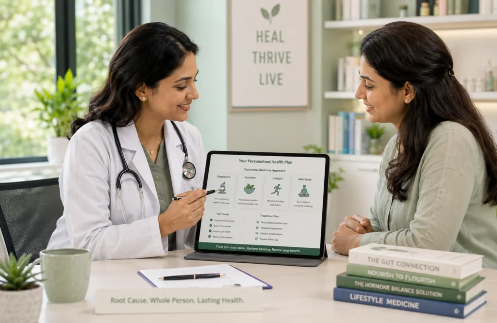 Functional Medicine Doctor in Hyderabad consulting with a patient, reviewing a personalized health plan focused on root-cause diagnosis, nutrition, lifestyle changes, gut health, and long-term wellness.