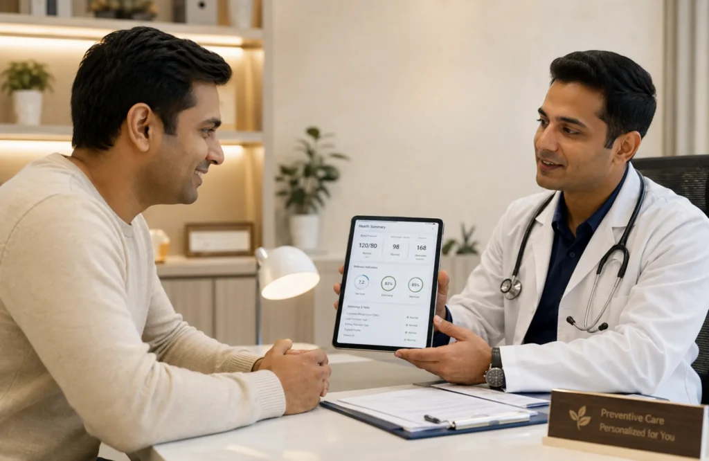 Doctor reviewing a digital health report with a patient during a consultation with a Preventive Health Doctor in Jubilee Hills, focusing on personalized preventive care, health monitoring, and early disease prevention.