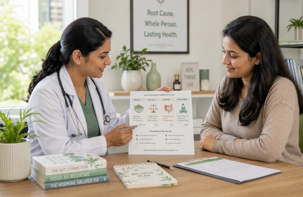 Doctor discussing a personalized treatment plan with a patient during a Root Cause Medicine consultation in Jubilee Hills, focusing on holistic health assessment, preventive care, and functional medicine.